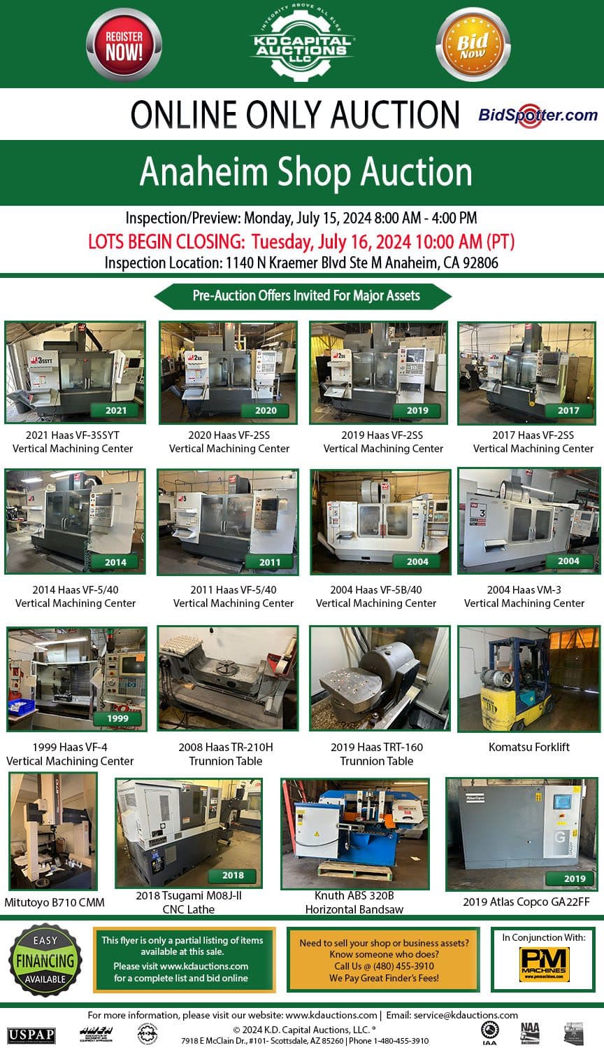 Anaheim Shop Auction — CNC Machining, Anaheim, CA