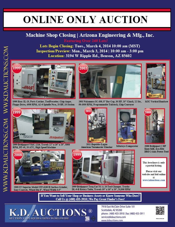Arizona Engineering & Mfg — CNC Machine Shop Liquidation, Benson AZ