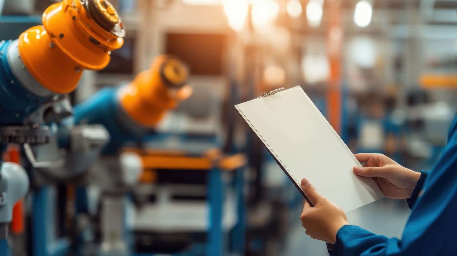 Equipment appraiser with clipboard inspecting industrial machinery