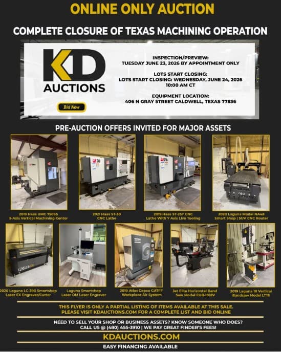 KD auction flyer: complete closure of a Texas machining operation, Caldwell TX