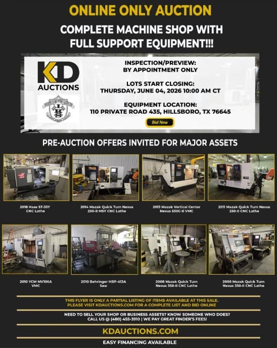 KD auction flyer: complete machine shop with full support equipment, Hillsboro TX