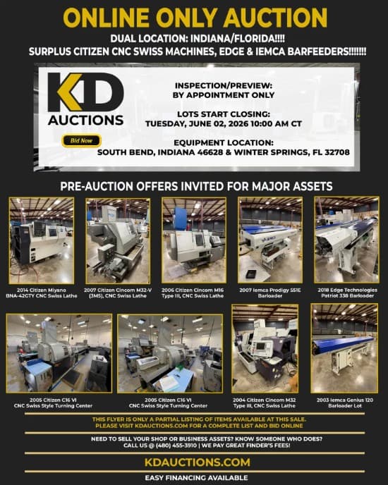 KD auction flyer: Citizen CNC Swiss machines and barfeeders, Indiana and Florida