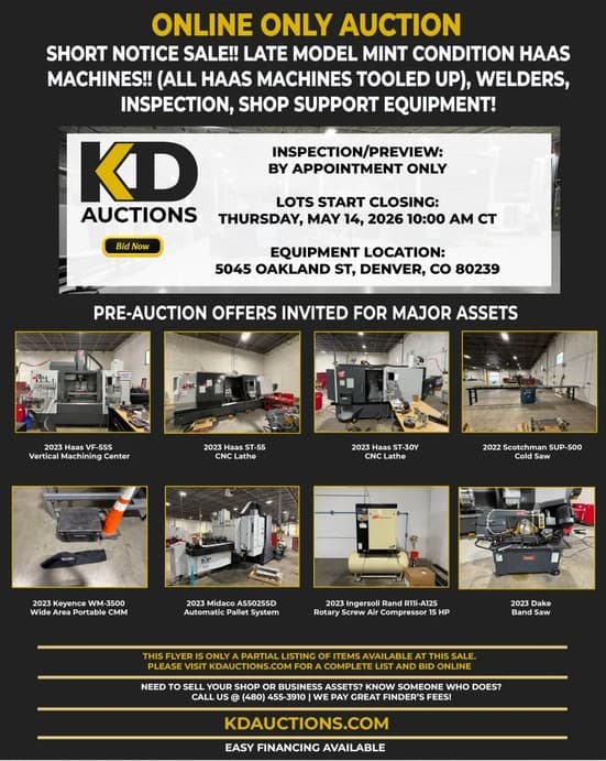 KD auction flyer: late-model Haas machines short-notice sale, Denver CO