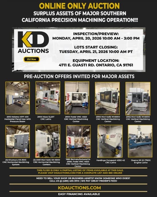 KD auction flyer: Southern California precision machining operation, Ontario CA